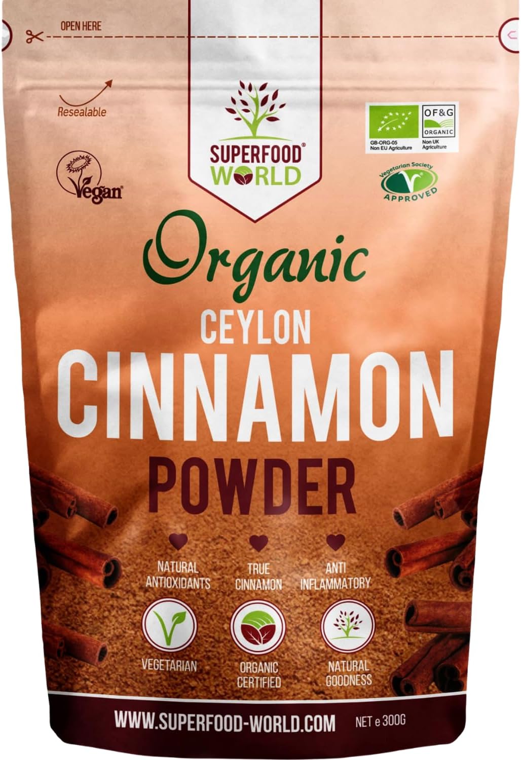 Organic Ceylon Cinnamon Powder 300g - Premium Quality True Organic Certified Ceylon Cinnamon - Powerful Natural Superfood Spice Ideal Powdered Seasoning for Cooking, Desserts, Tea & Treats
