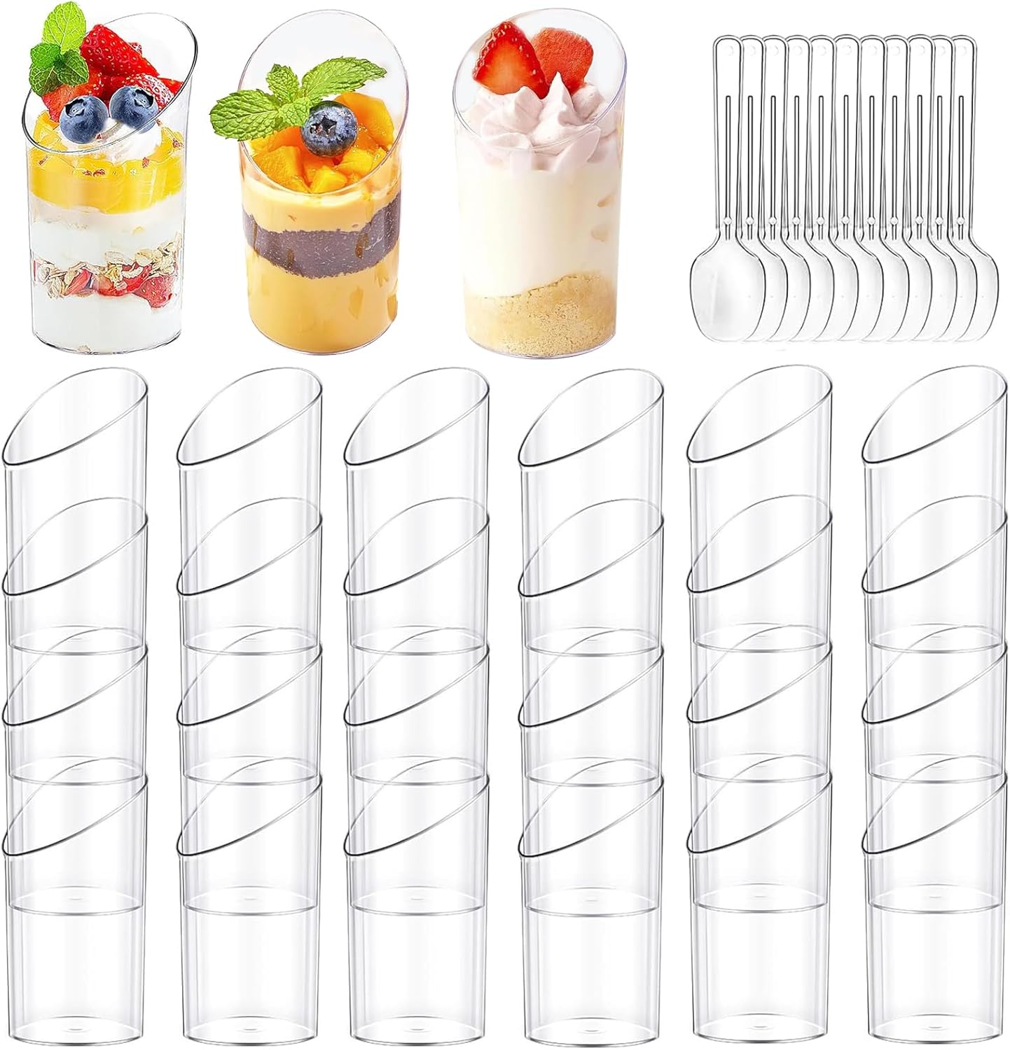 50 Pack Mini Dessert Cups, 75ml Angled Dessert Cups Dessert Bowls Individual Dessert Pots Reusable Slanted Appetizer Cups with Spoons for Party, Yogurt, Parfait, Pudding