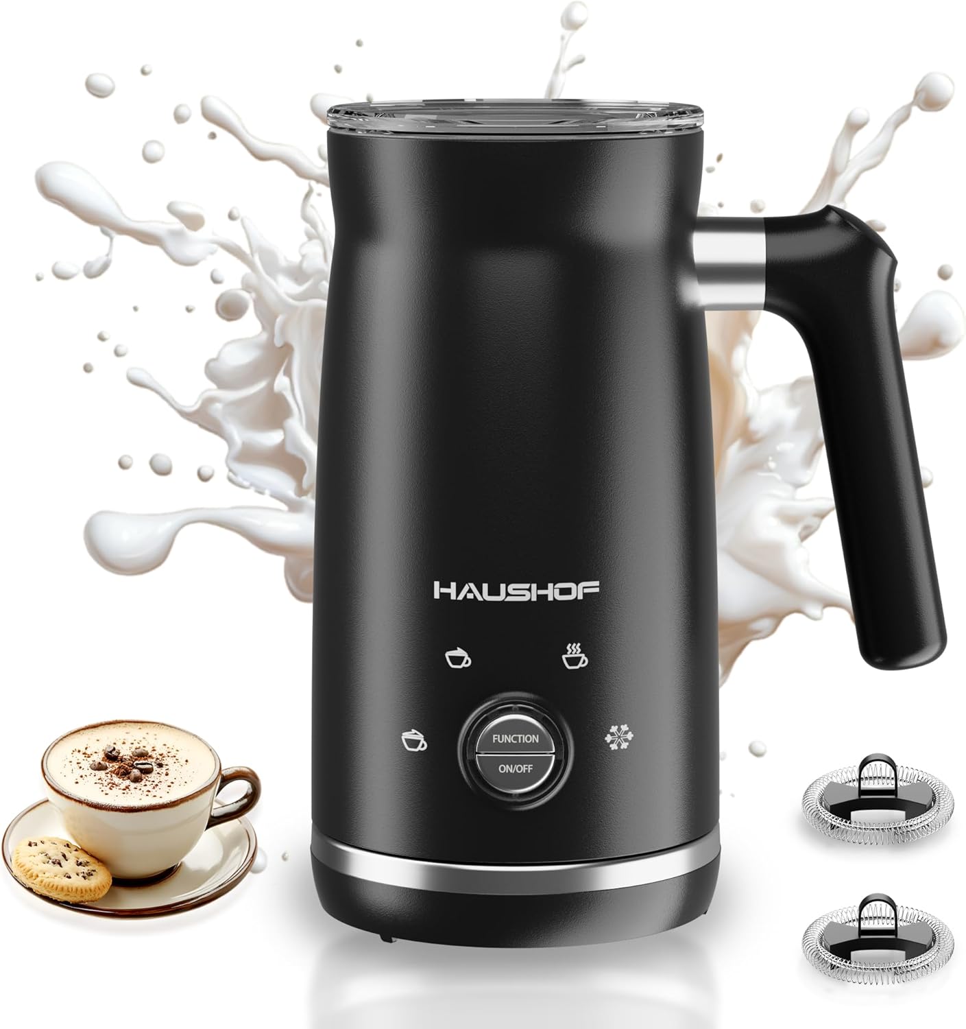 HAUSHOF 4-in-1 Electric Milk Frother with 300ml Large Capacity, Auto-Shut-Off Milk Frother, Warm and Cold Foam Maker for Latte, Coffee, Cappuccino