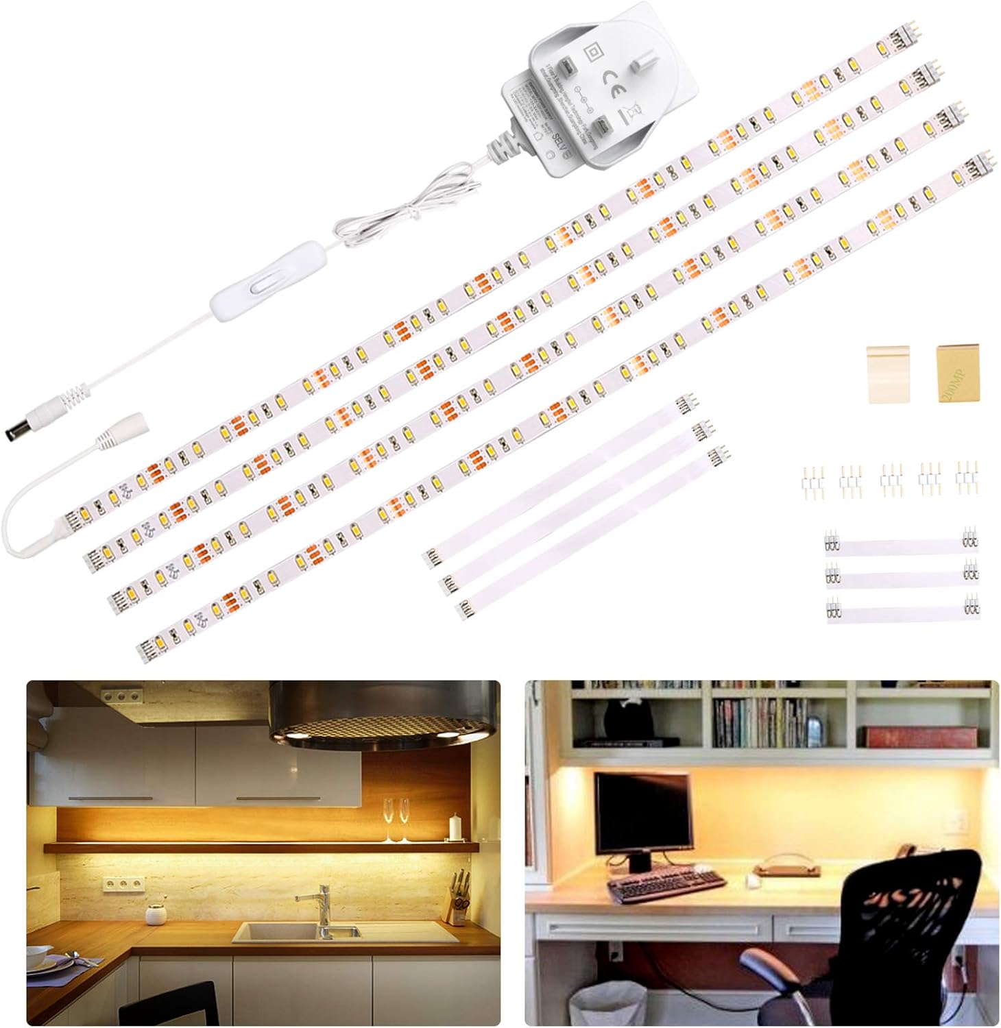 WOBANE Under Cabinet Lighting Kit,Flexible LED Strip Lights Bar,Under Counter Lights for Kitchen,Cupboard,Desk,Monitor Back,Shelf,4x50cm Tape Light Set,120 LEDs,1200lm,2700K WarmWhite,12v Adapter