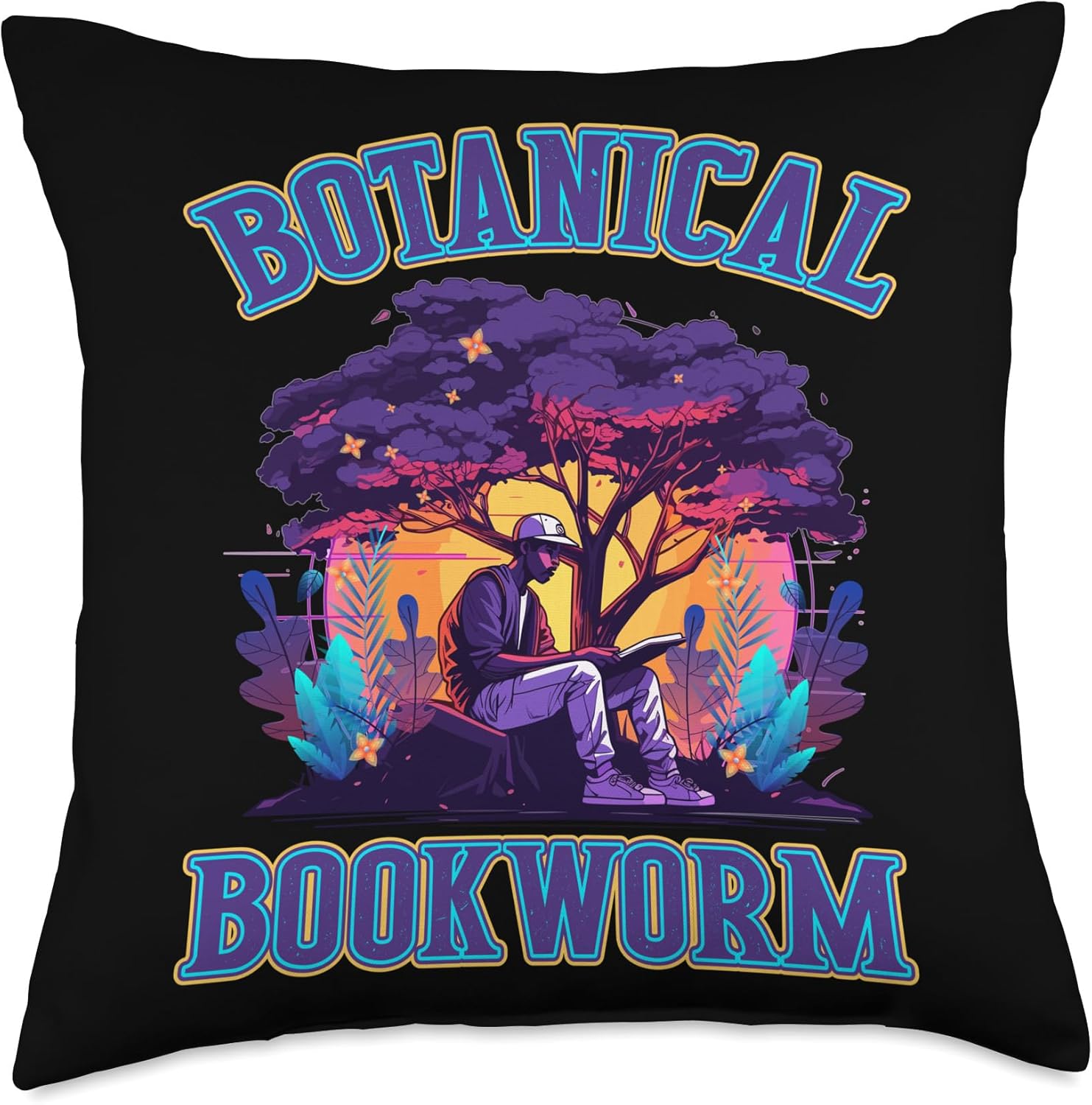 Nurturing Minds in Nature's Embrace Garden of Knowledge: Botanical Bookworm Design Throw Pillow, 18x18, Multicolor