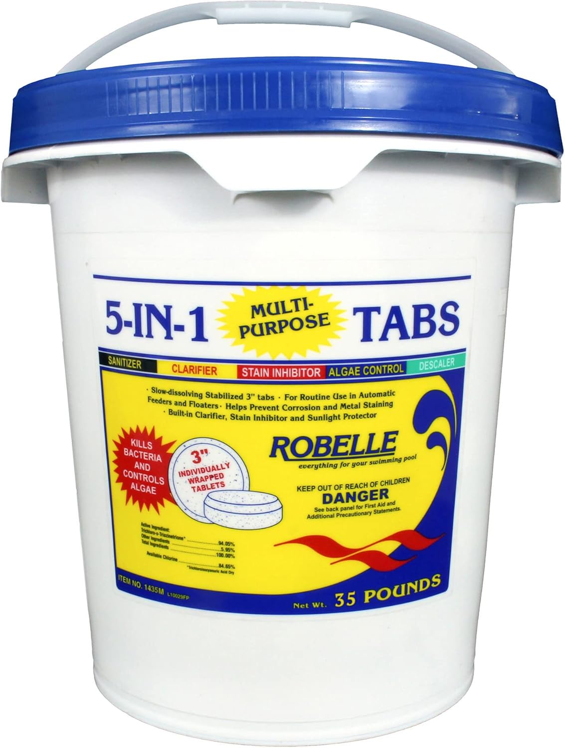 Robelle 35-Pounds Premium 5-In-1 Multi-Purpose Tabs, Chlorine Tablets 3 Inch, Sanitizer, Clarifier, Stain Inhibitor, Algae Control, Descaler, Sunlight Protector All In One, Made In USA