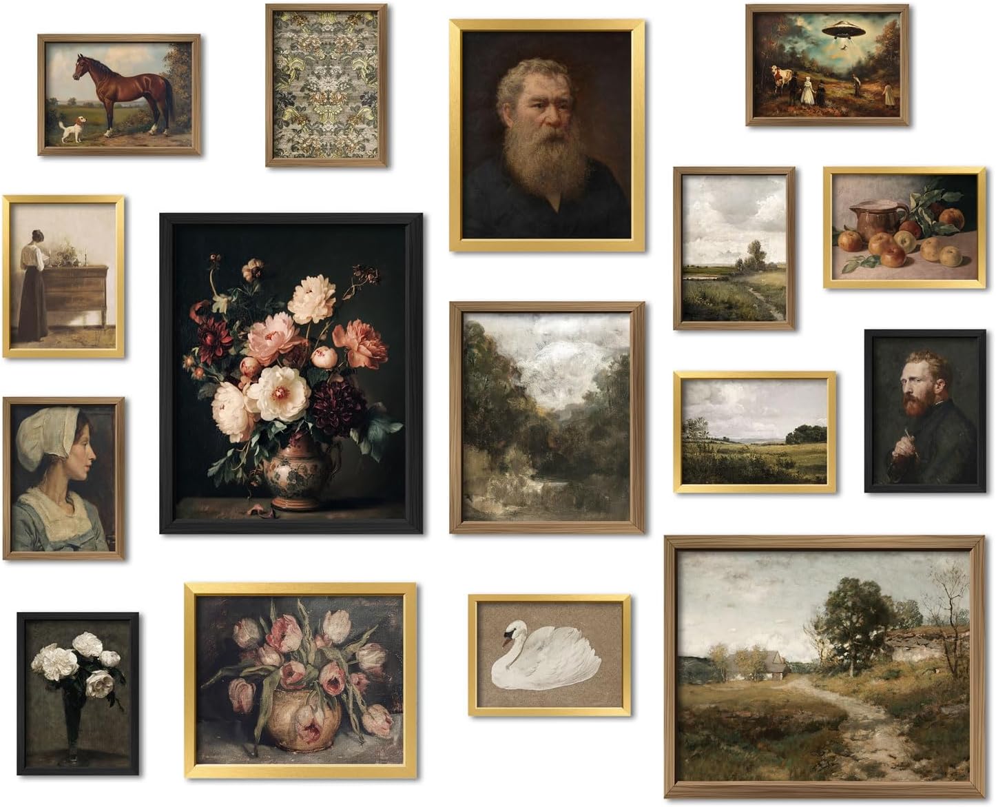 16 PCS Framed Vintage Wall Art Decor, Moody Victorian Gothic Farmhouse Gallery Wall Frame Set Prints for Bedroom Bathroom, Rustic Landscape Posters for Living Room Aesthetic, Home Artwork Collage Kit