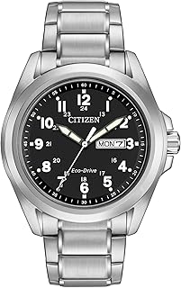 Citizen Men's Eco-Drive Weekender Garrison Field Watch in Stainless Steel, Black Dial, Arabic Markers, Luminous, 43mm (Model: AW0050-82E)