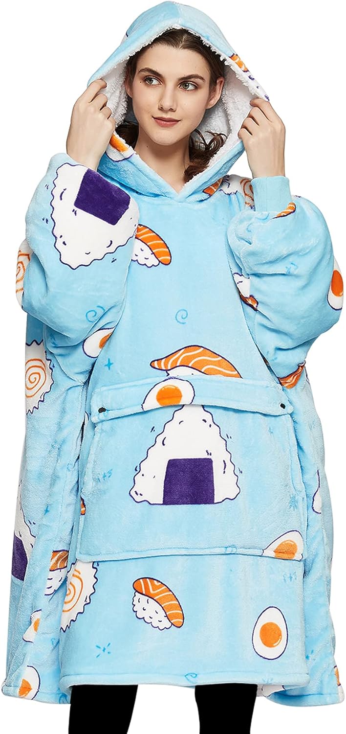 KFUBUO Wearable Blanket Hoodie for Adults Sherpa All Patterns Sushi Oversized Sweatshirt Blanket with Pockets Cute Birthday Gifts for Women