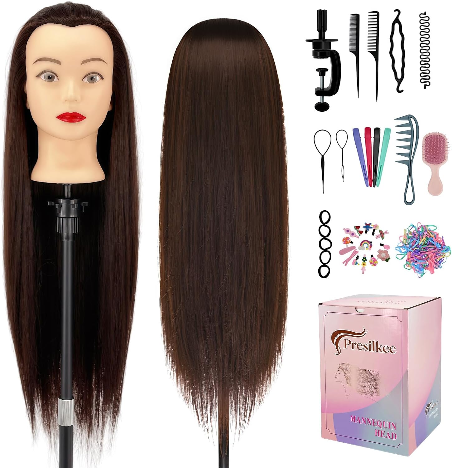 28" Cosmetology Mannequin Head With Hair - Doll Head For Hair Styling | Training Head For Braiding, Cutting & Styling Practice | Includes Free Wig Stand & Hair Tools Set(Drak Brown)