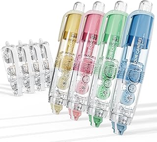 Four Candies 4PCS Refillable Retractable White Out Correction Tape, Colorful Mini Aesthetic Pen Shaped Quick Dry Easy to Use Cute White Out with 4 Extra Refills for Students School Office Supplies