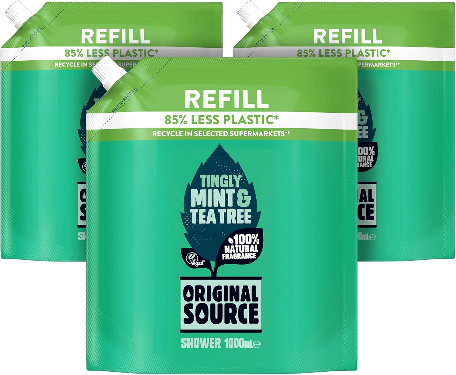 Original Source Mint & Tea Tree Shower Gel with 100% Natural Fragrance, Vegan Shower Gel, Paraben Free Body Shower Wash, Multipack of 3 x 1000ml