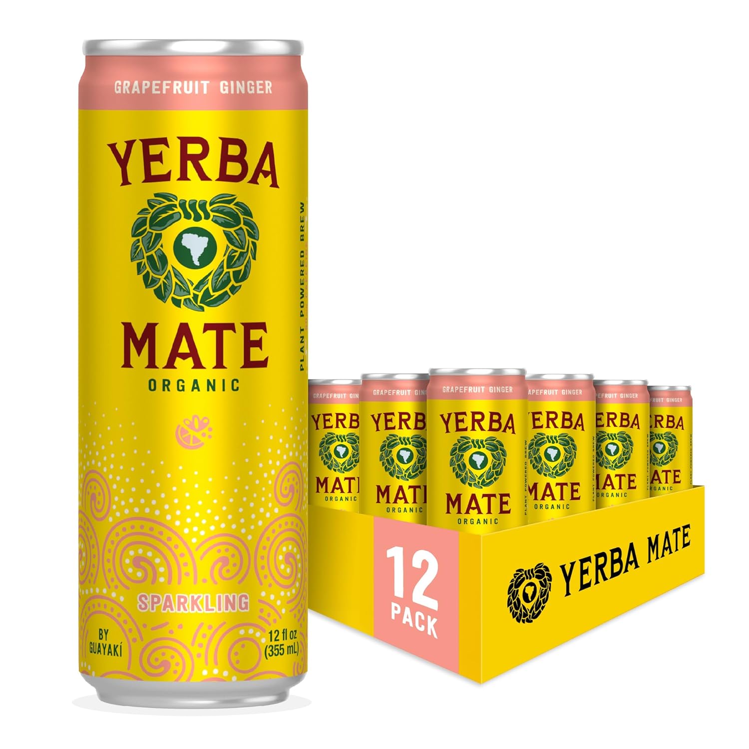 Yerba Madre Organic Sparkling Yerba Mate, Grapefruit Ginger, 80mg Natural Plant Based Caffeine, Smooth Energy & Focus, Carbonated, 12 Oz (Pack of 12) (Packaging May Vary)