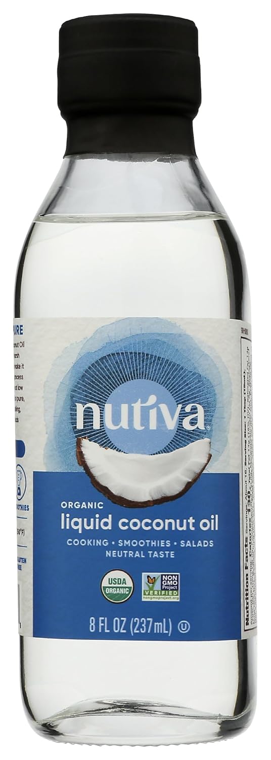 Nutiva Organic Liquid Fractionated Coconut Oil, 8 Oz, USDA Organic, Non-GMO, Vegan, Keto, Paleo, Use for Cooking or Moisturizer for Skin, Massage and Hair