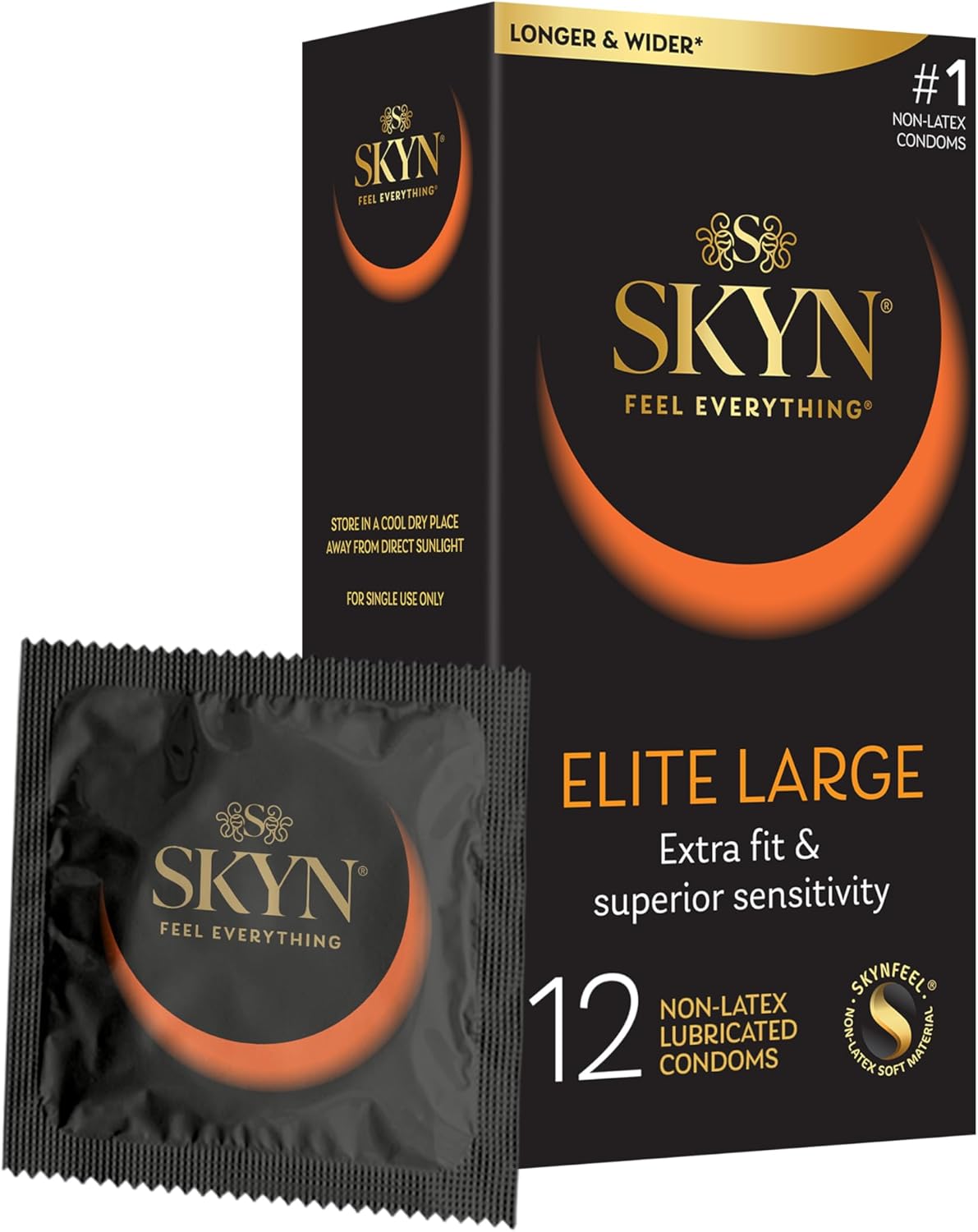SKYN Elite Large Non-Latex Lubricated Condoms, 12 Count, Comfortable and Smooth Lubricated Condoms, Triple Tested (Pack of 1)