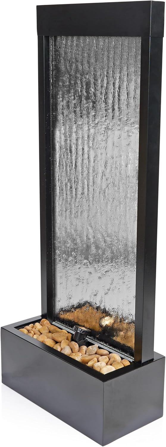 Alpine Corporation - Mirror Waterfall Fountain with Stones & Lights - Zen Indoor/Outdoor Decor for Office, Living Room, Patio, Entryway - 48 Inches (Silver)