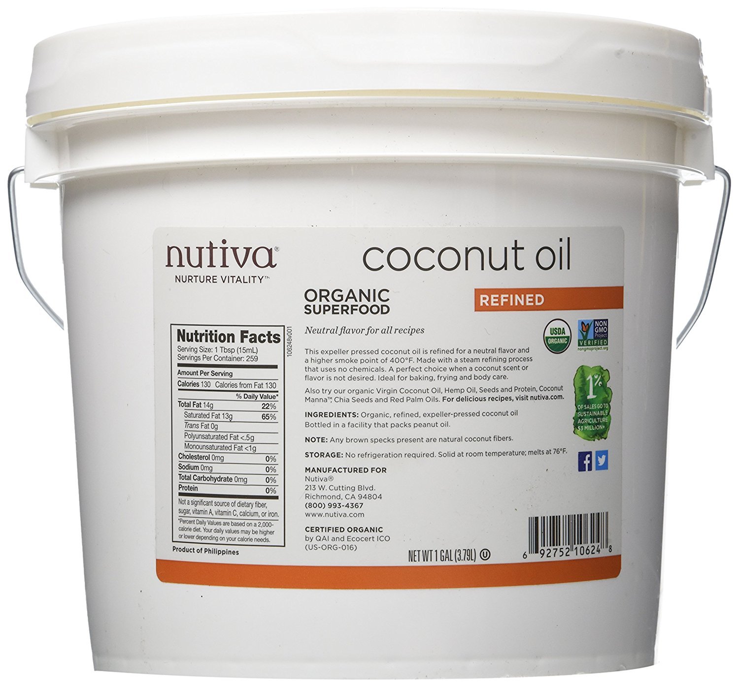 Nutiva Organic Steam Refined Oil, Coconut, 128 Fl Oz