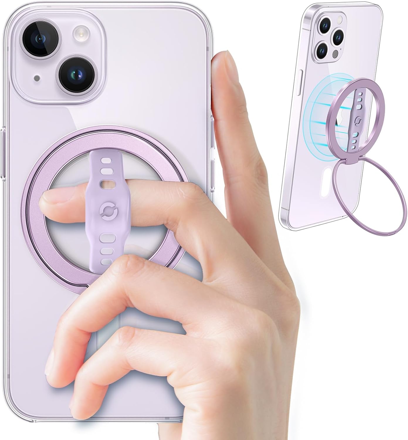 EWA MagOne (Upgrade) Compatible with MagSafe Phone Grip Stand with Silicone Finger Strap, Removable Magnetic Ring Holder Kickstand Loop, Only for iPhone 15, 14, 13 Pro/Max/Plus-(Deep Purple)
