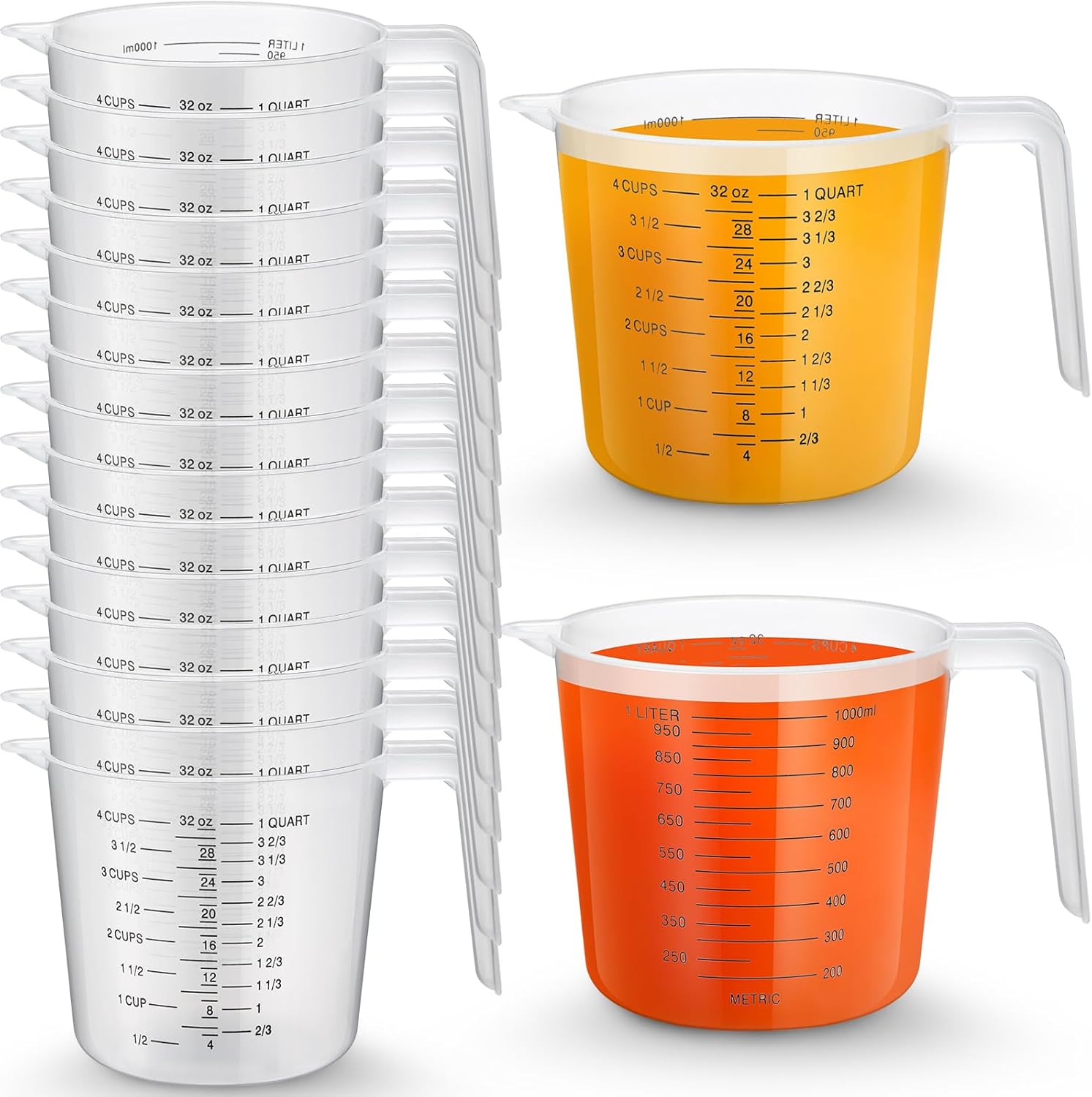 Fabbay 24 Pcs 4 Cup Capacity Plastic Measuring Cup 1000 ml Clear Graduated Measuring Cups Plastic Mug with Spout and Handles Ounce and Ml Marking for Recipe Ingredient Flour Water Liquid (Black,32 oz)