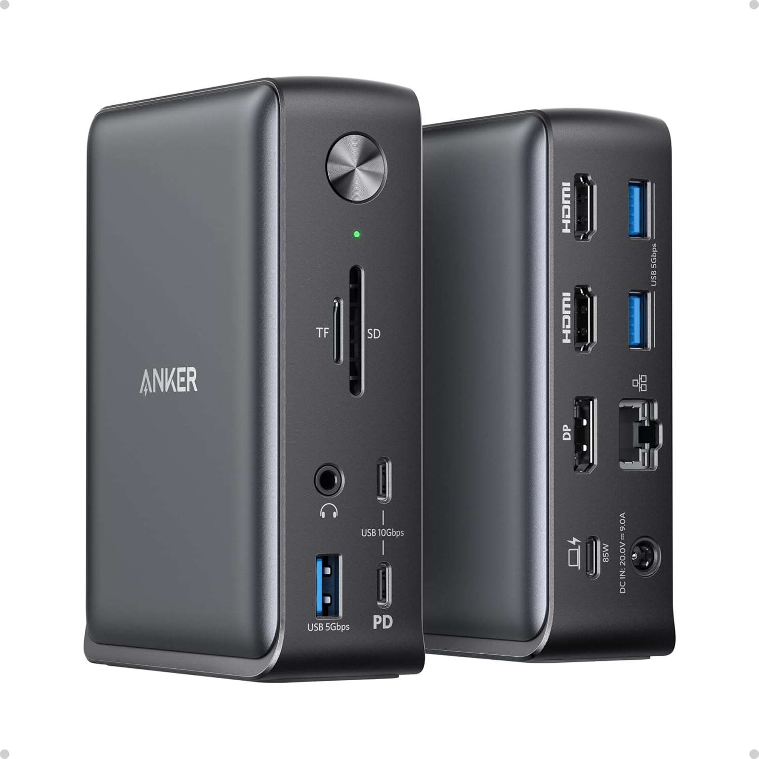 Anker Laptop Docking Station, 13-in-1 USB-C Docking Station, Triple Display with 2 x 4K HDMI and 1 x DP, 85W Charging for Laptop, 10 Gbps USB-C and 5 Gbps USB-A Data, Ethernet, Audio, SD