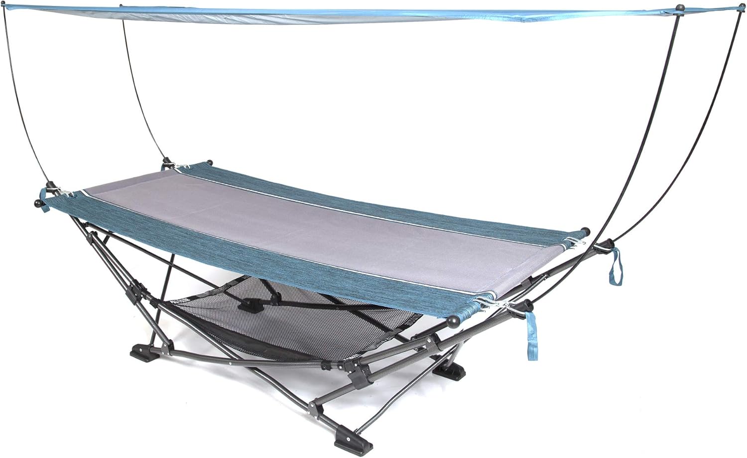 MacSports Collapsible Portable Folding Hammock with Removable Canopy - Includes Pillow and Mesh Storage Net, Freestanding, Heavy Duty, Outdoor Hammock (Teal)
