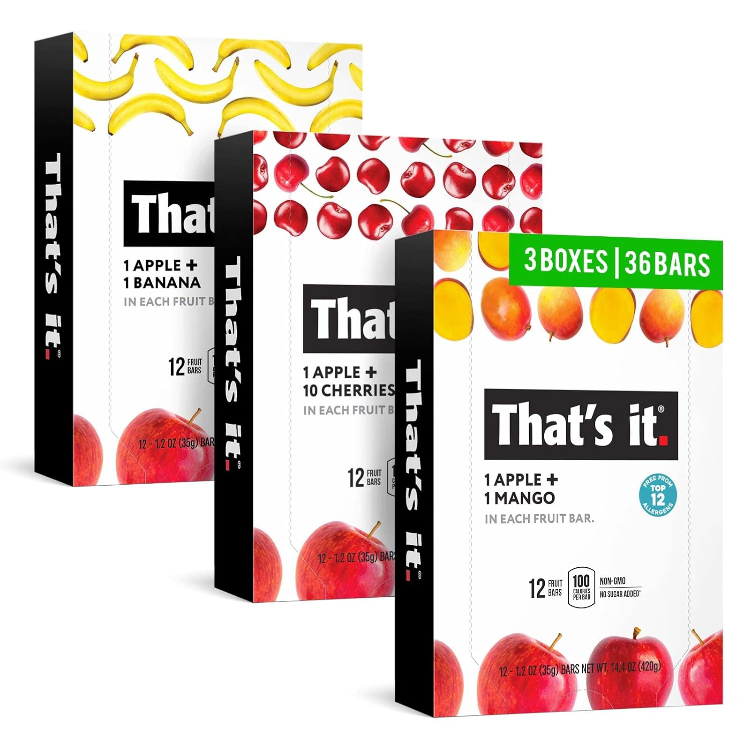 That’s it. Variety, 100% Natural Real Fruit Bar, High Fiber Vegan, Gluten Free Healthy Snack, Paleo for Children & Adults, Non GMO No Added Sugar, (Mango, Cherry, Banana) (36 Pack)