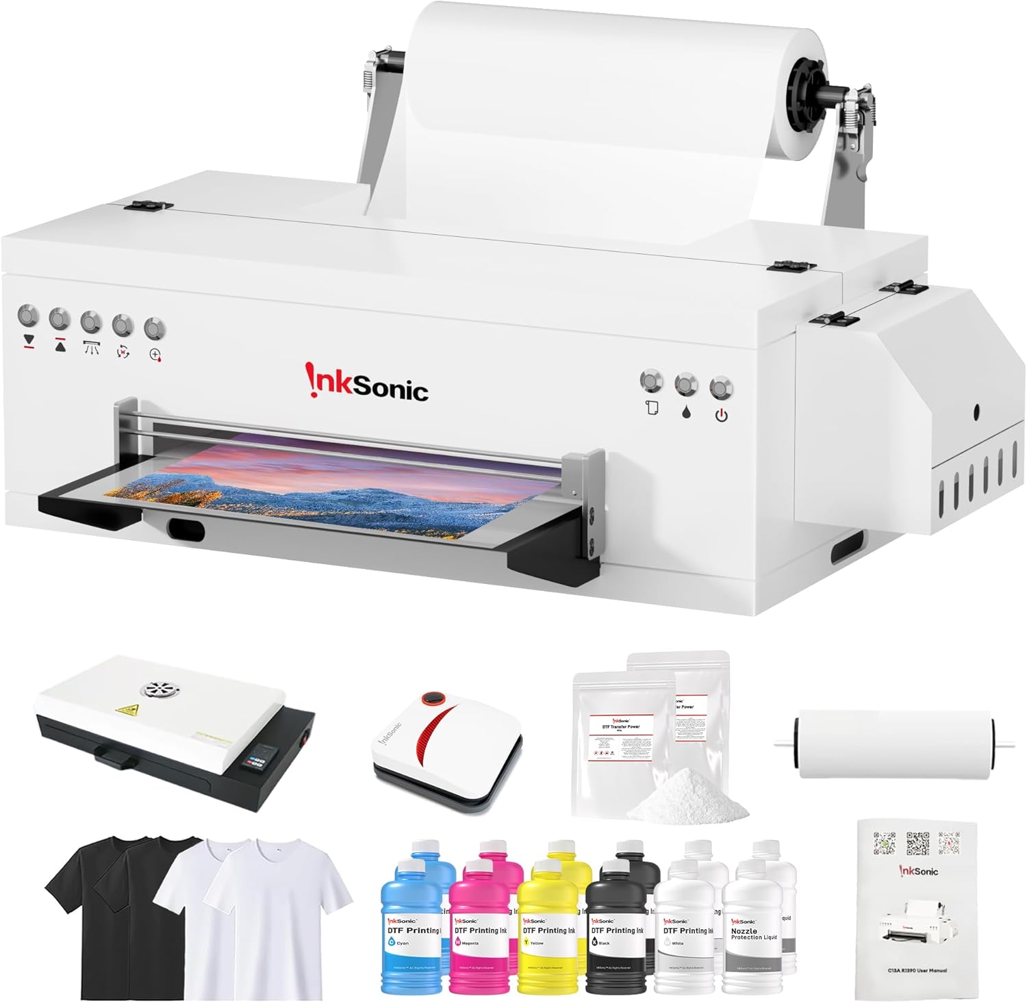 InkSonic L1800 A3 DTF Printer 2025, 13" Apparel Transfer Machine with Roll/Sheet Feed, E13A,One-Click Ink Setup, Heated Film Cutting, Multi-Fabric Compatibility,White Ink Circulation & Auto Cleaning