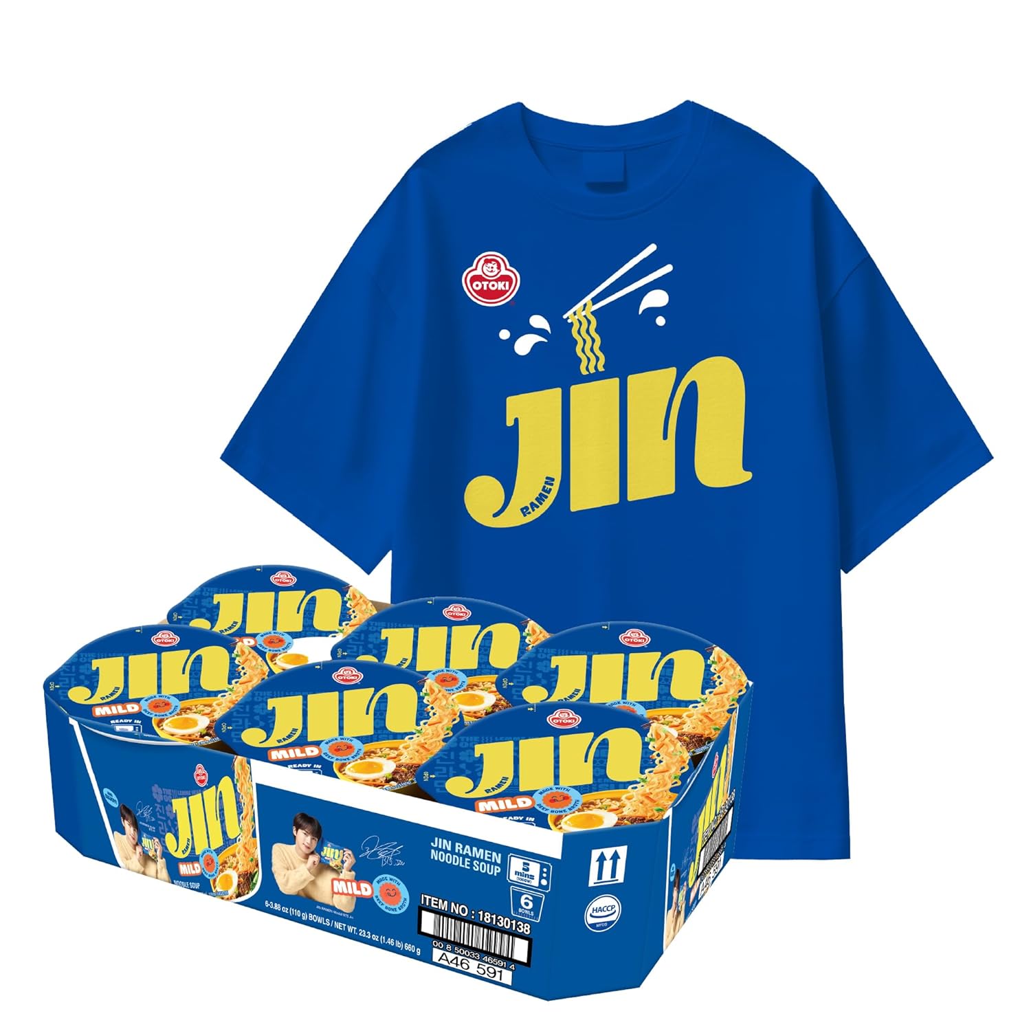 OTOKI Jin Ramen Bowl with Jin T-Shirt, BTS Jin & JIN Ramen Edition, Authentic Korean Instant Noodles with Spicy & Rich Beef Bone Broth, Ready in 5 Minutes (Pack of 6) (LARGE, Mild Ver.)