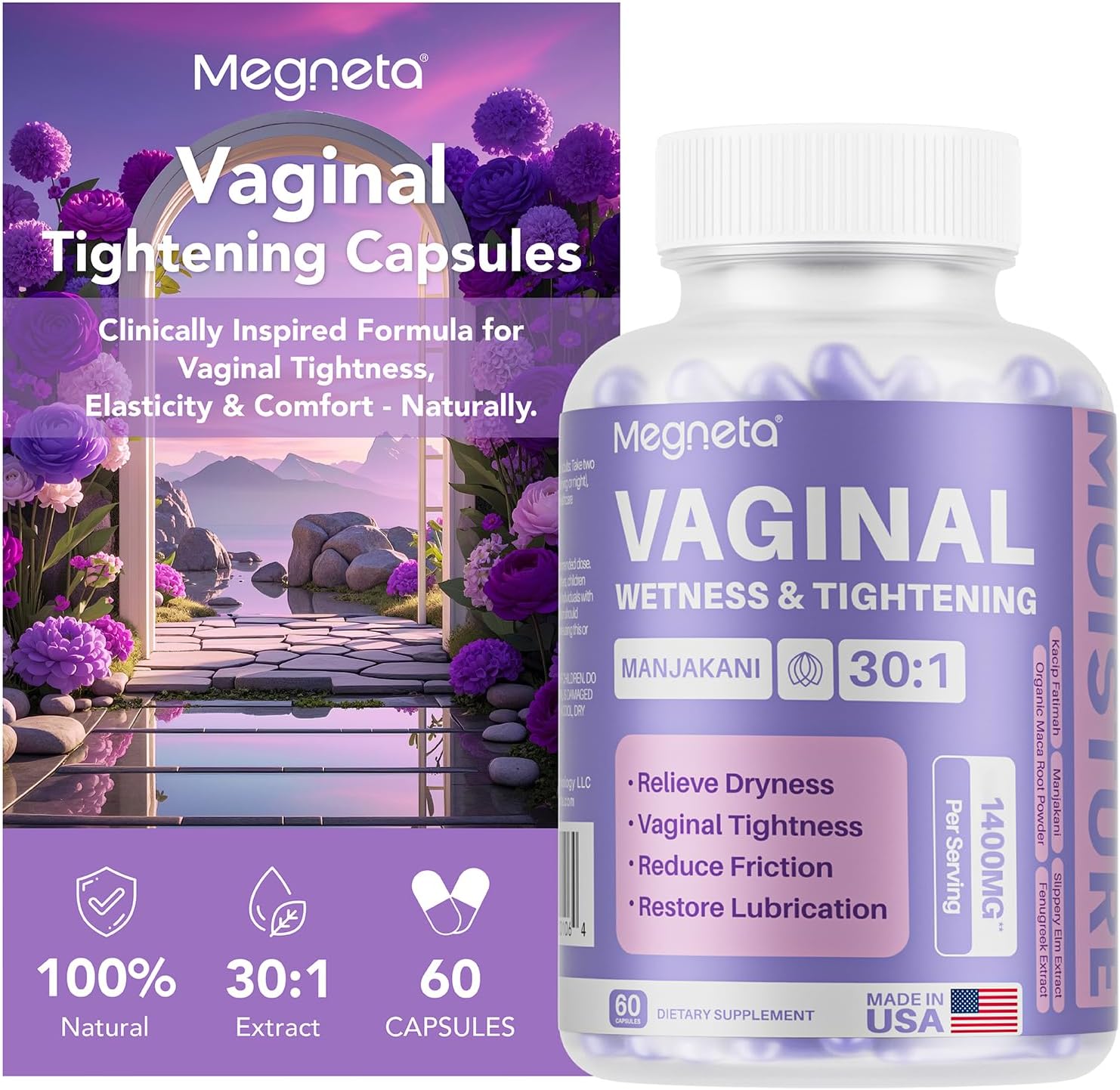 Vaginal Tightening Capsules for Women – Kacip Fatimah, Manjakani & Slippery Elm – Support Elasticity, pH Balance & Intimate Dryness Relief – 60 Vegan Capsules – No Gel or Cream Needed