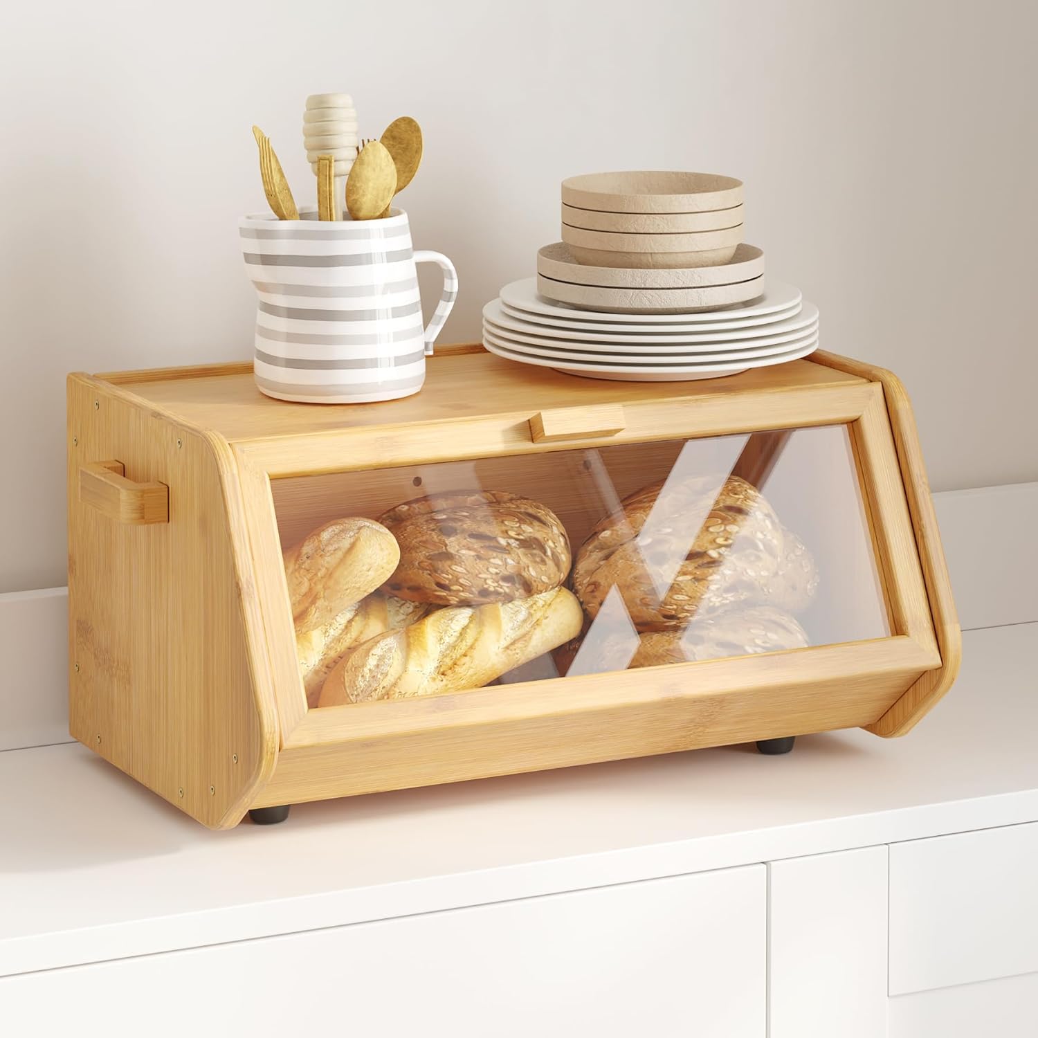 AMBIRD Bamboo Bread Bin - Keep Bread Fresh for Kitchen Counter, Large Capacity Wooden Bread Storage Container, Farmhouse Style Bread Box with Window Bread Holder