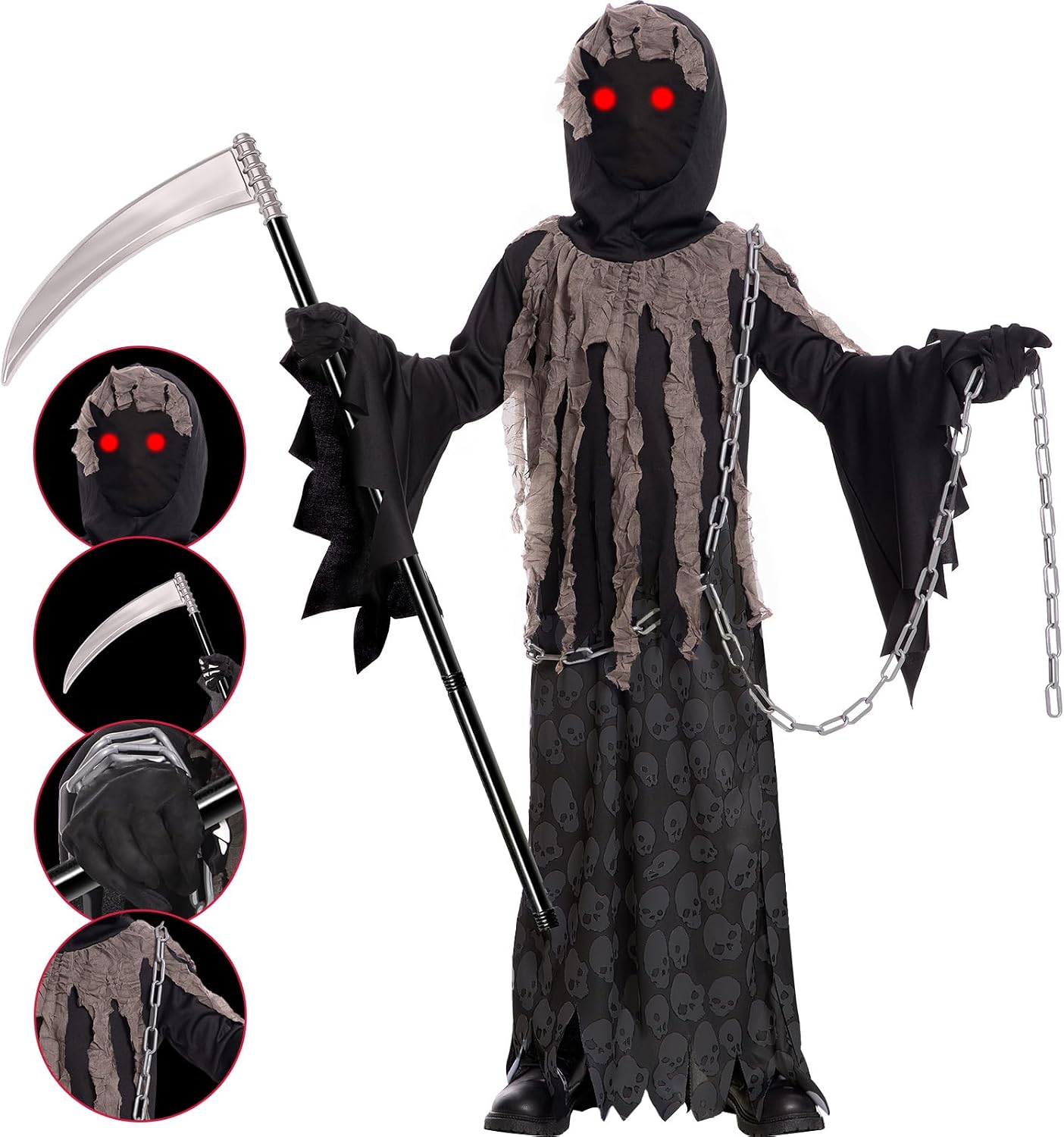 Lomesion Grim Reaper Costume for Kids,Deluxe Halloween Costume with Glowing Red Eyes,Chain,Scythe Included