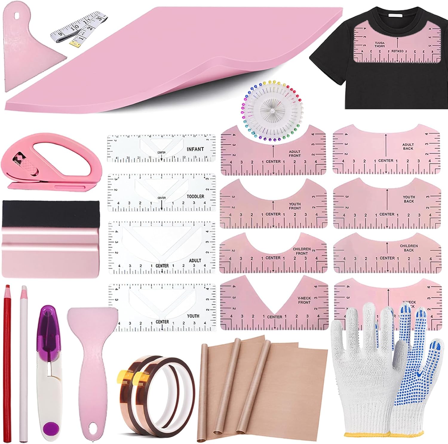 Sublimation Shirts Tool Kits for Vinyl Alignment,Heat Press Mat Pad Silicone,T-Shirt Rulers Guide and Teflon Sheet for Cricut Heat Press HTV Vinyl Center Designs,Craft Sewing Accessories