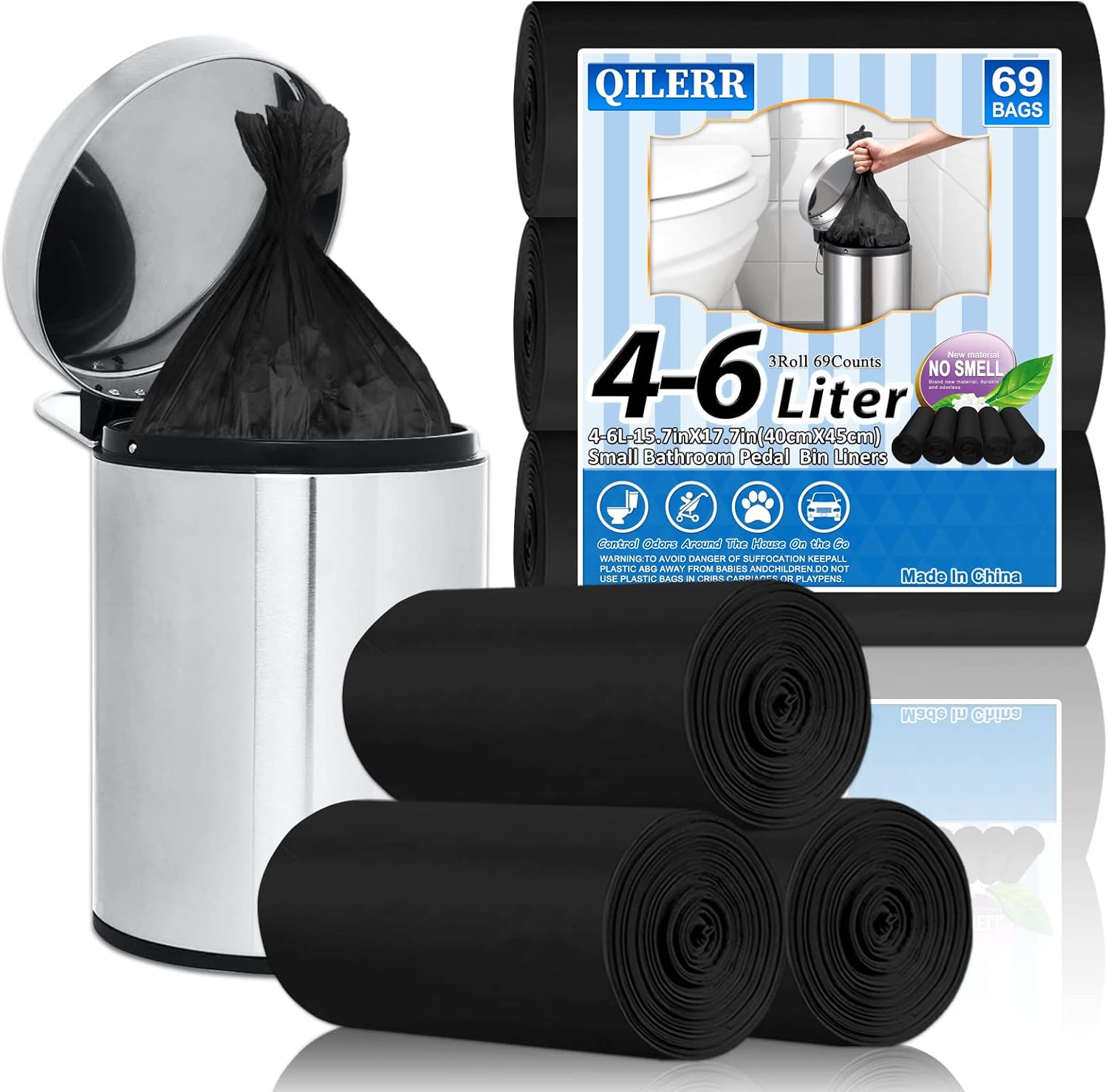 Small Black Bin Bags 4-6Liter Pedal Bin Liners, 69 Counts Mini Plastic Garbage Bags, Strong Wastebasket Trash Bags for Bathroom, Kitchen, Office,Car, Fit 4,5,6 L Waste Bin