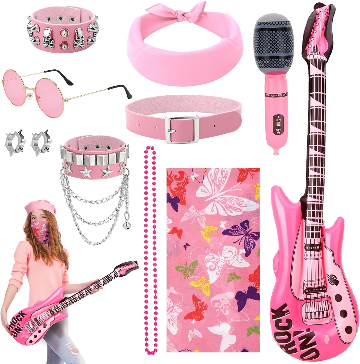 GSrenyu 11 Pcs Rockstar Fancy Dress Kids Rock Star Fancy Dress Kids Girls Rockstar Costume Punk Gothic Accessories Rock Heavy Metal Costume for Disco Party