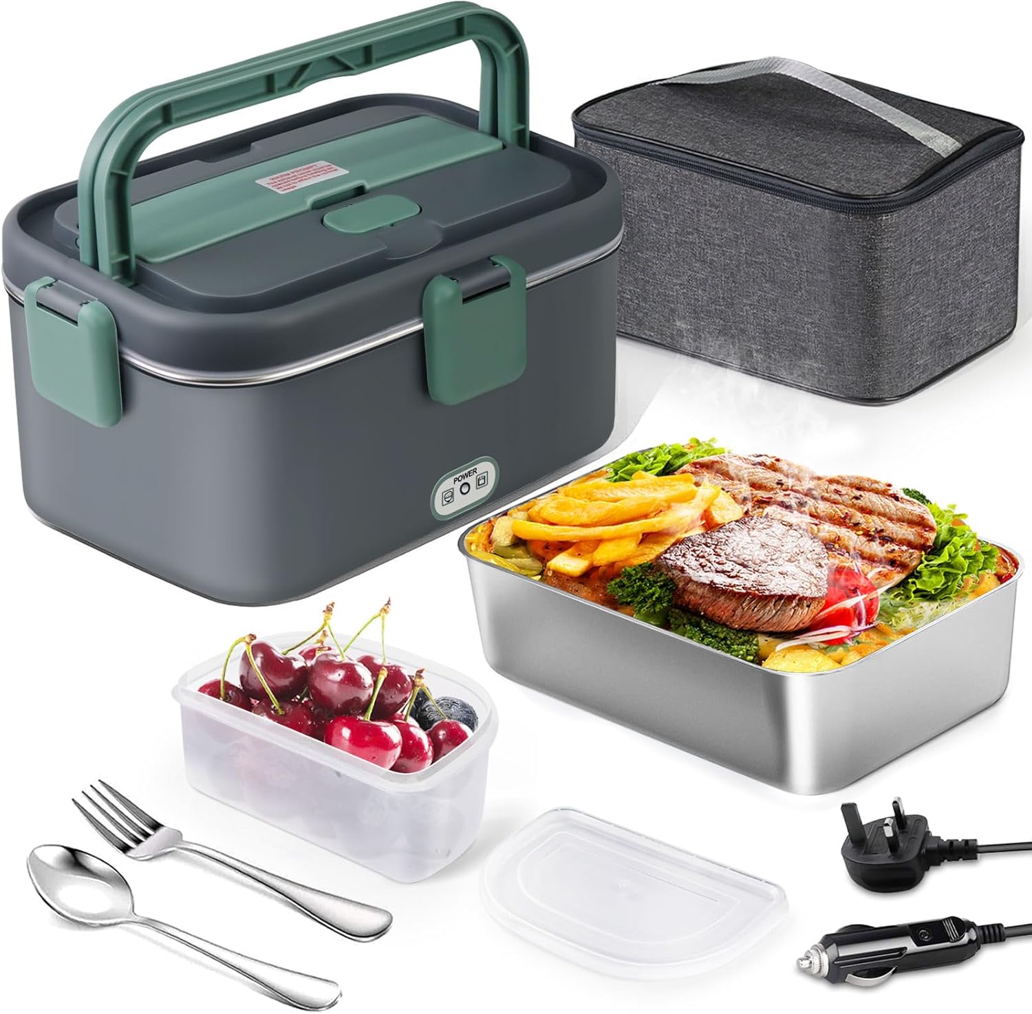 AUTOPkio Electric Lunch Box 1.8L 80W, 12V/24V/220V Upgraded Large Heated Lunchbox Heating Food Warmer with Carry Bag Fork Spoon for Car Truck Office