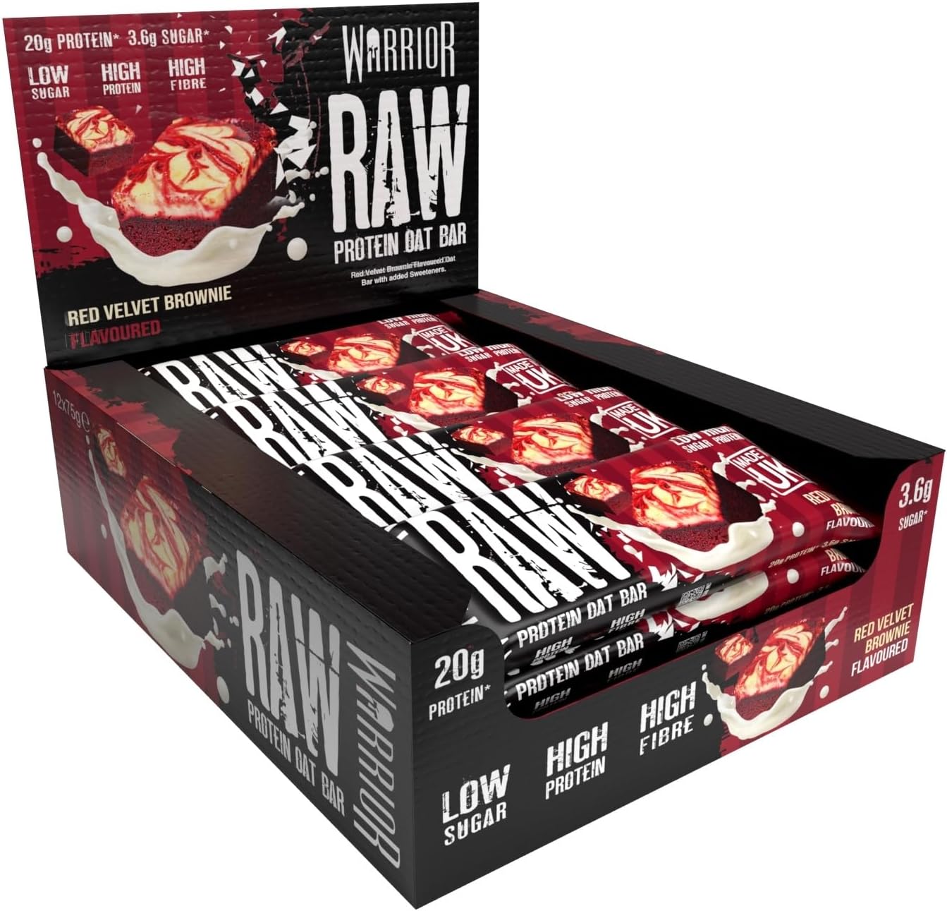 Warrior Raw Protein Bars – 12 x 75g High Protein Snack – High Fibre, Low Sugar – Ideal Meal Replacement or Healthy Nutrition Energy Snacks - Oat Bar Flapjacks – UK Made (Red Velvet Brownie)