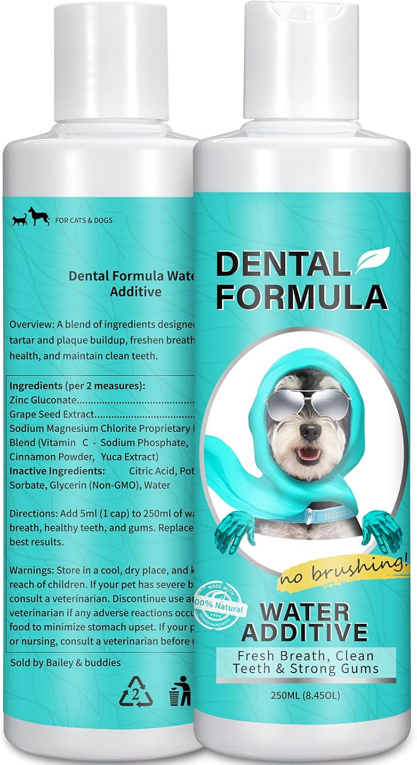 Bailey & buddies Dental Formula Water Additive For Dogs & Cats - Clean Teeth, Healthy Gums & Fresh Breath - Manage Plaque & Tartar Build-Up - No Brushing Needed - Oral Health & Mouthwash - 1 Bottle