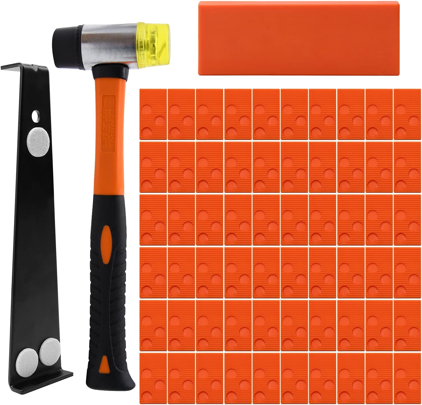 Laminate Flooring Kit with 60 Spacers, Laminate Wood Flooring Installation Kit, Solid Tapping Block, Heavy Duty Pull Bar and Diameter 1.3in High-Strength Double-Faced Hammer(Orange)