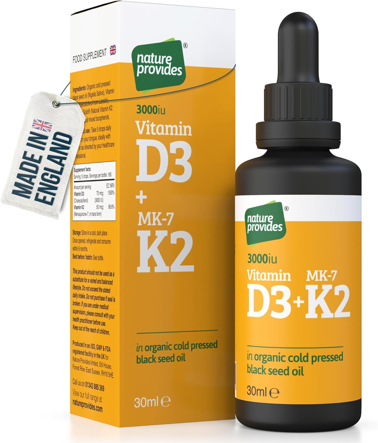 Vitamin D3 & K2 (MK-7) in Organic Black Seed Oil/Nigella Sativa (30ml) - High Strength Liquid (3000IU), 100% Trans MK-7, Immune, Bone Support, Heart Health, Sublingual, Made in UK by Nature Provides
