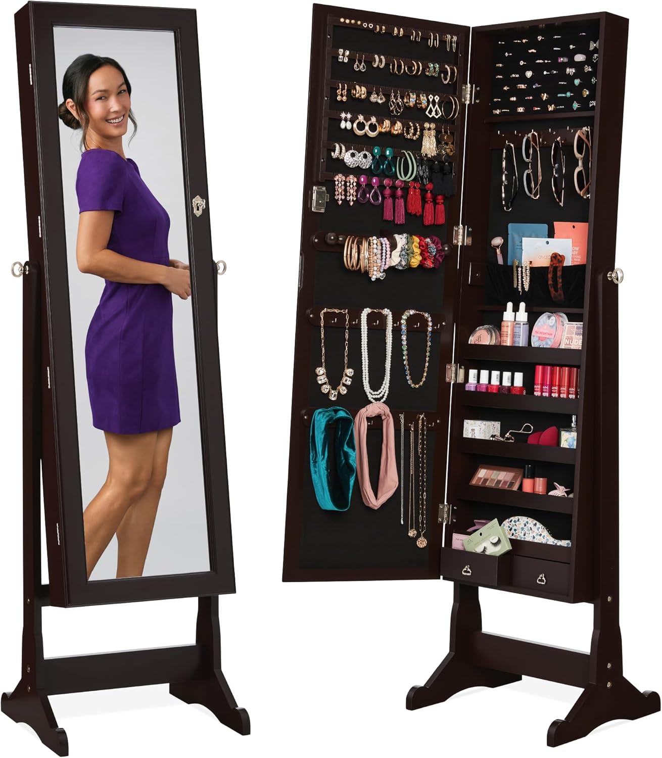 Best Choice Products Mirrored Jewelry Cabinet Armoire Jewellery Boxes W/Stand Rings, Necklaces, Bracelets Brown