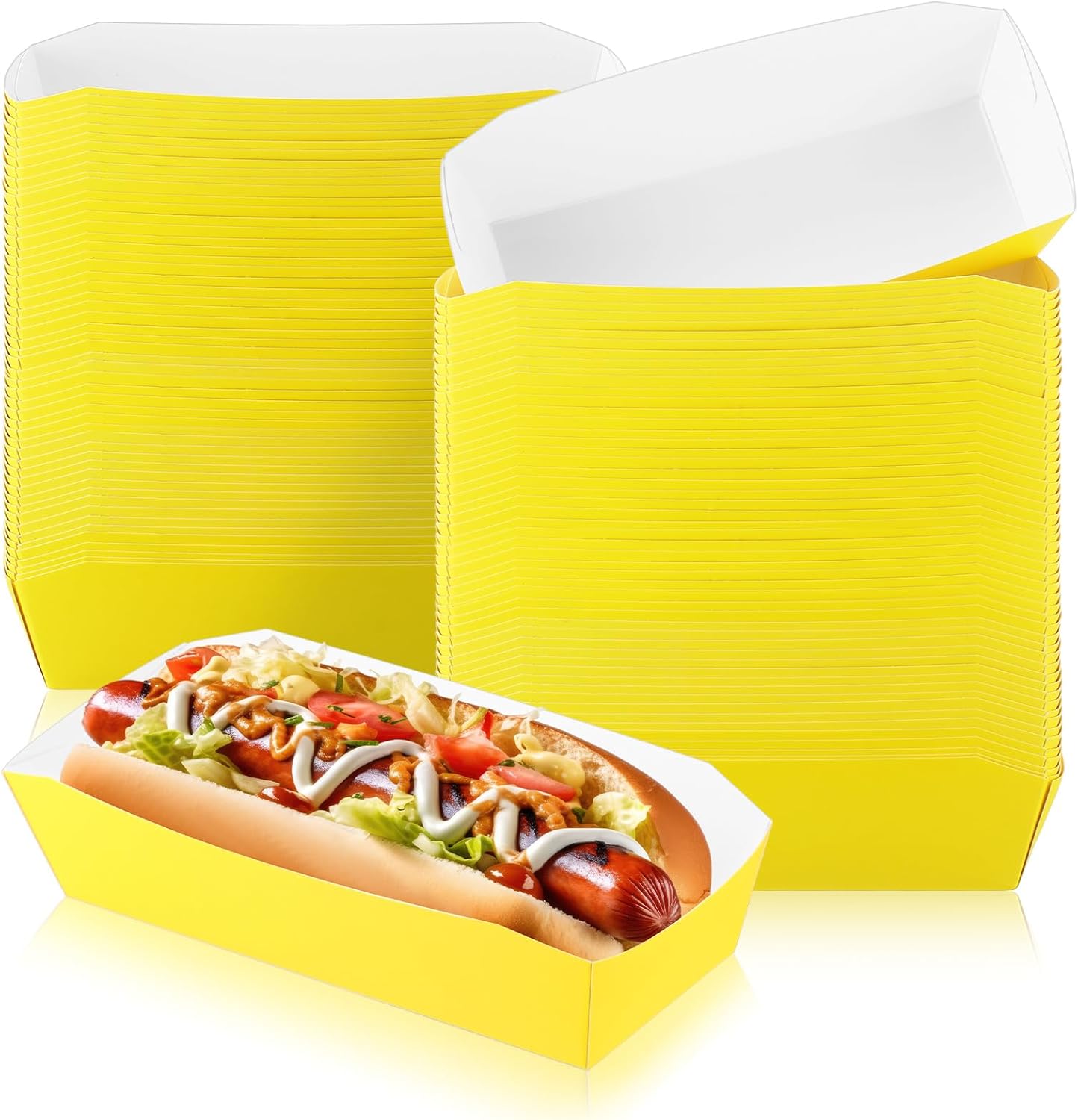Yeaqee 100 Pcs 7'' Vibrant Yellow Boat Style Hot Dog Trays Disposable Paper Food Nacho Boats Hot Dog Holders Serving Trays for Carnivals, Parties, Dinner, Cookouts