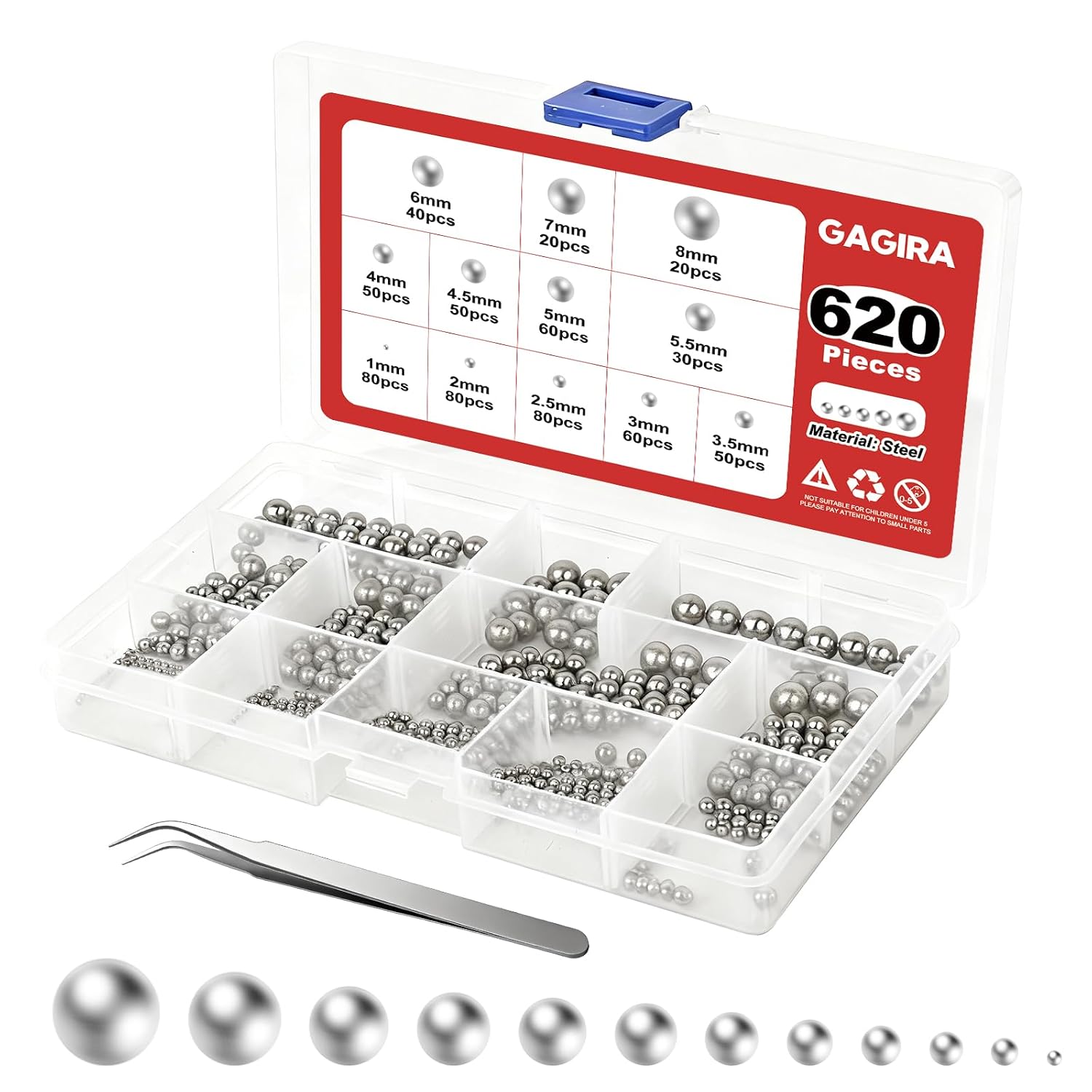 620Pcs 12 Size Bearing Ball, 304 Stainless Steel Precision Balls Assortment Kit 1mm, 2mm, 2.5mm, 3mm, 3.5mm, 4mm, 4.5mm, 5mm, 5.5mm, 6mm, 7mm, 8mm