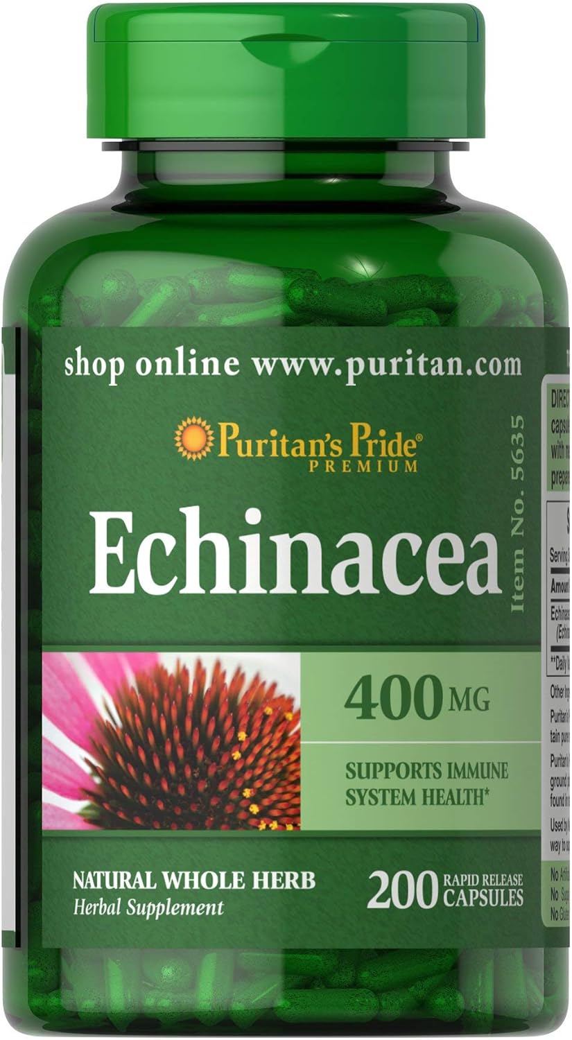 Puritan's Pride Premium Echinacea Natural Whole Herb Herbal Supplement 400mg, Dietary Supplement for Health, Immune System Support, 200 Rapid Release Capsules