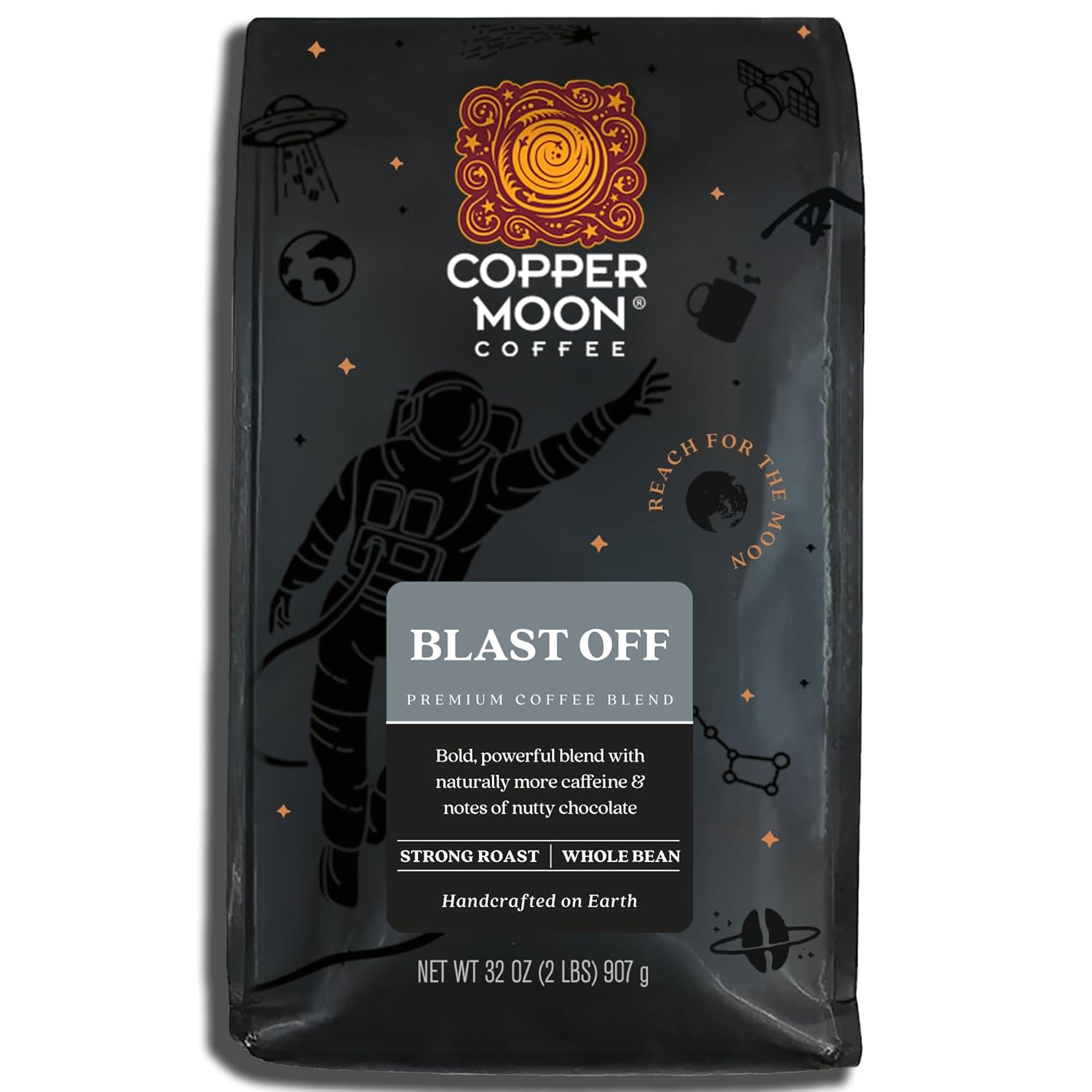 Copper Moon Strong Dark Roast Whole Bean Coffee, Blast Off Blend, 2 Lb