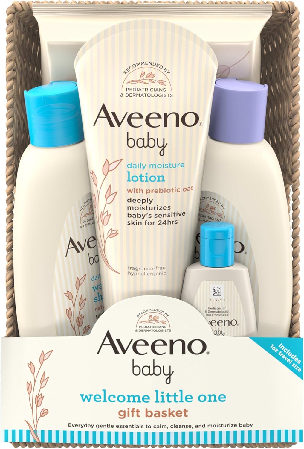 Aveeno Baby Welcome Little One Gift Basket, Baby Skincare Set with Nourishing Baby Body Wash & Shampoo, Calming Bath Wash, All Over Baby Wipes, & Daily Moisturizing Lotion, 5 Items