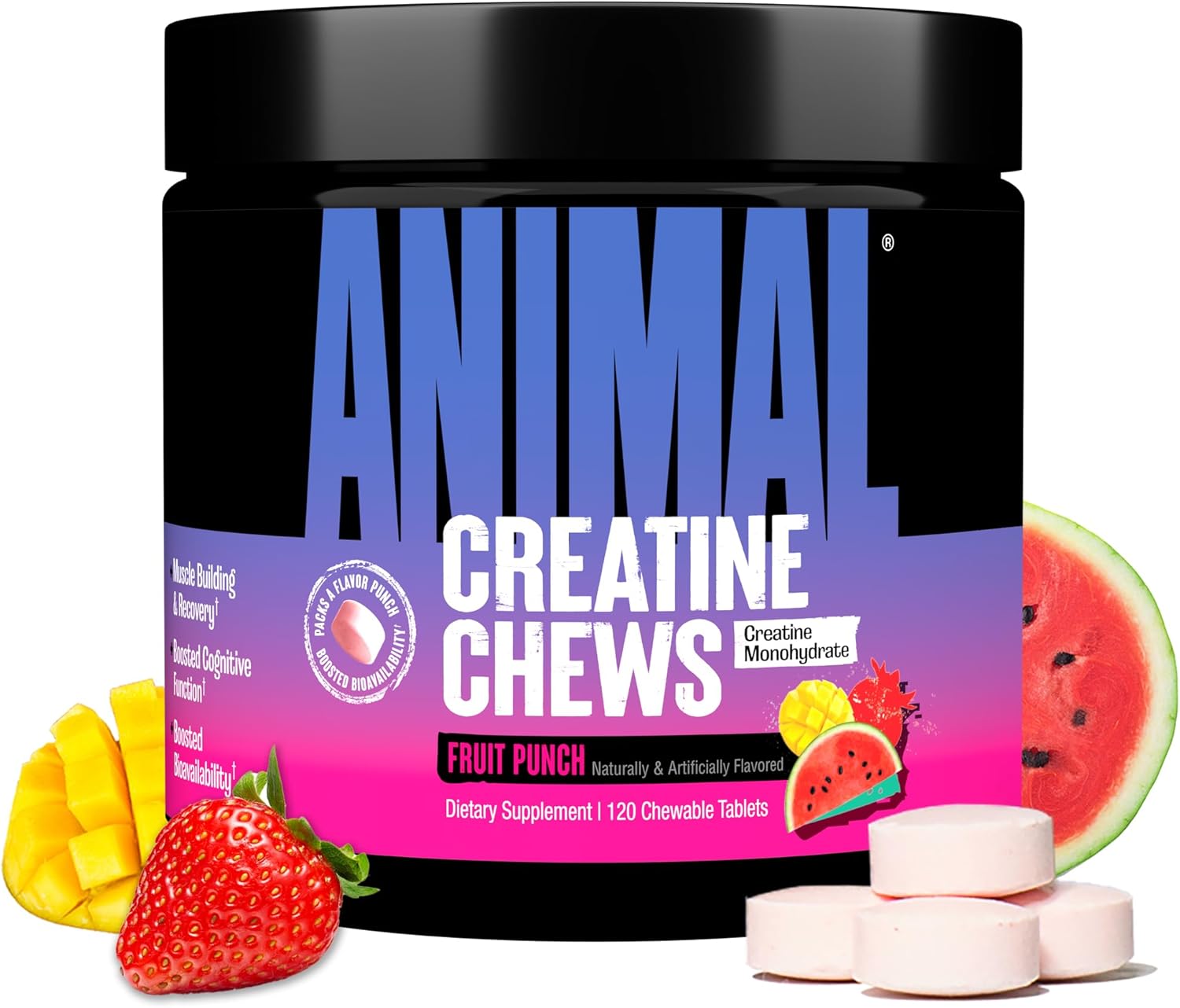 Animal Creatine Chews Tablets - Enhanced Creatine Monohydrate with AstraGin to Improve Absorption, Sea Salt for Added Pumps, Delicious and Convenient Chewable Tablets - Fruit Punch