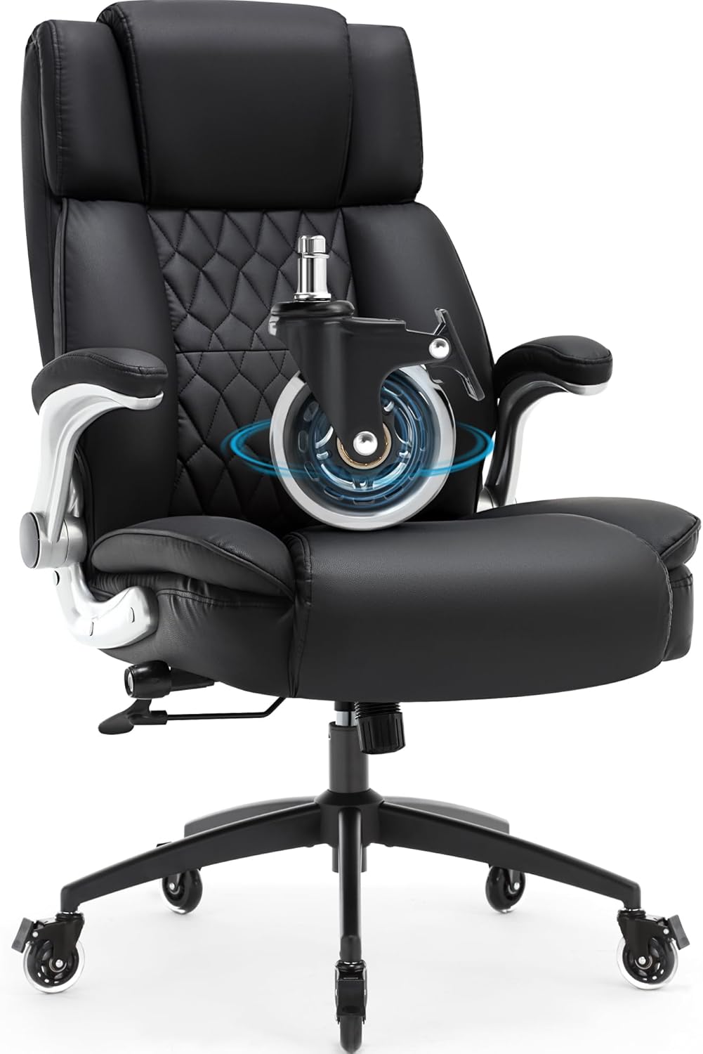 High Back Office Chair with Locking Wheels, Large Executive Desk Chair, Flip Arms Adjustable Lumbar Support, Ergonomic Synthetic Leather Computer Chair Prevents Cats Scratching, Thick Padded, Black