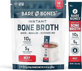 Bare Bones Beef Bone Broth Instant Powdered Mix | Rich Savory Packets on-the-Go No Artificial Flavors | 100% Grass Fed Keto & Paleo Friendly | 10g Protein | 16 Pack