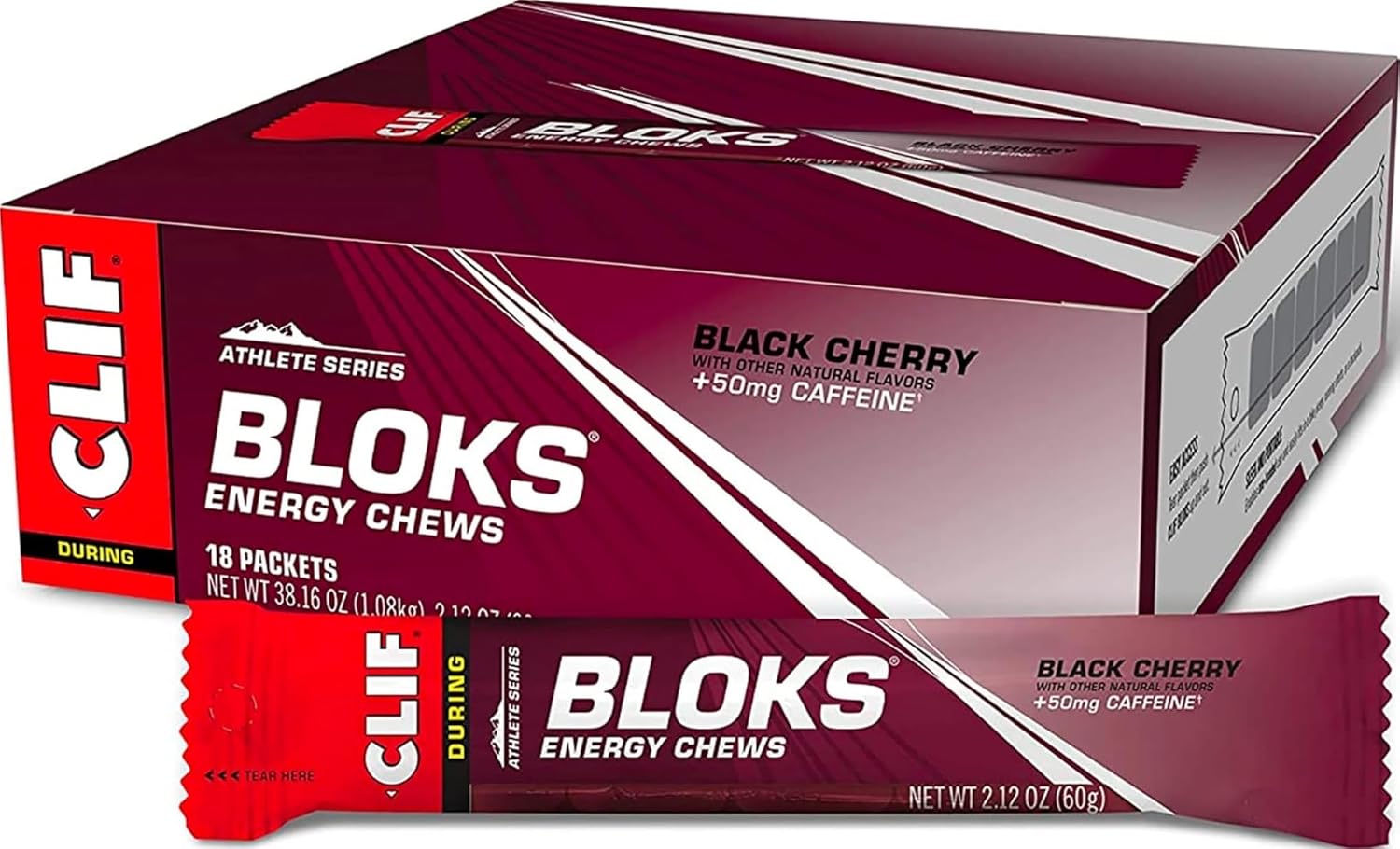 CLIF BLOKS Energy Chews, Black Cherry Flavor with Caffeine, 18 Packs