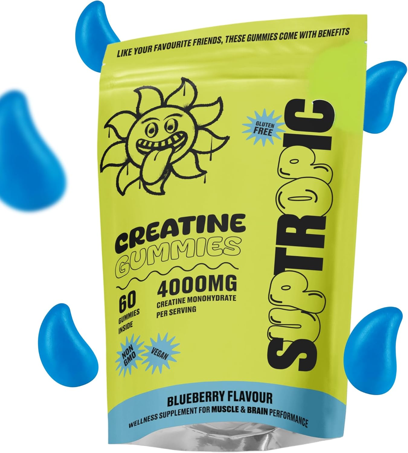 Suptropic, Creatine Gummies, 4000mg (30+ Days), Men & Women - Chewable Creatine Monohydrate Gummies - Natural Blueberry Flavoured Creatine, Pre Workout Gym Supplement, Suitable for Vegans