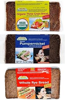 Mestemacher Natural High Fiber Bread 3 Flavor Variety Bundle: (1) Mestemacher Organic Three Grain Bread, (1) Mestemacher Pumpernickel Bread, and Mestemacher Whole Rye Bread, 17.6 Oz. Ea. (Pack of 3)