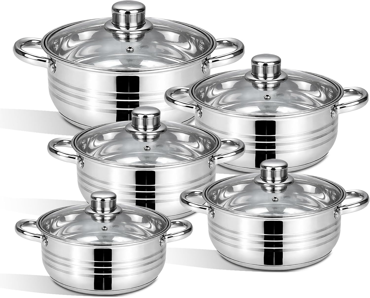 10-Piece Stainless Steel Stockpot/Cookware Set Casserole Dishes with Glass Lids - Induction & Gas Compatible Cooking Pots (20cm, 22cm, 24cm, 26cm, 28cm) | Durable Cookware for Everyday