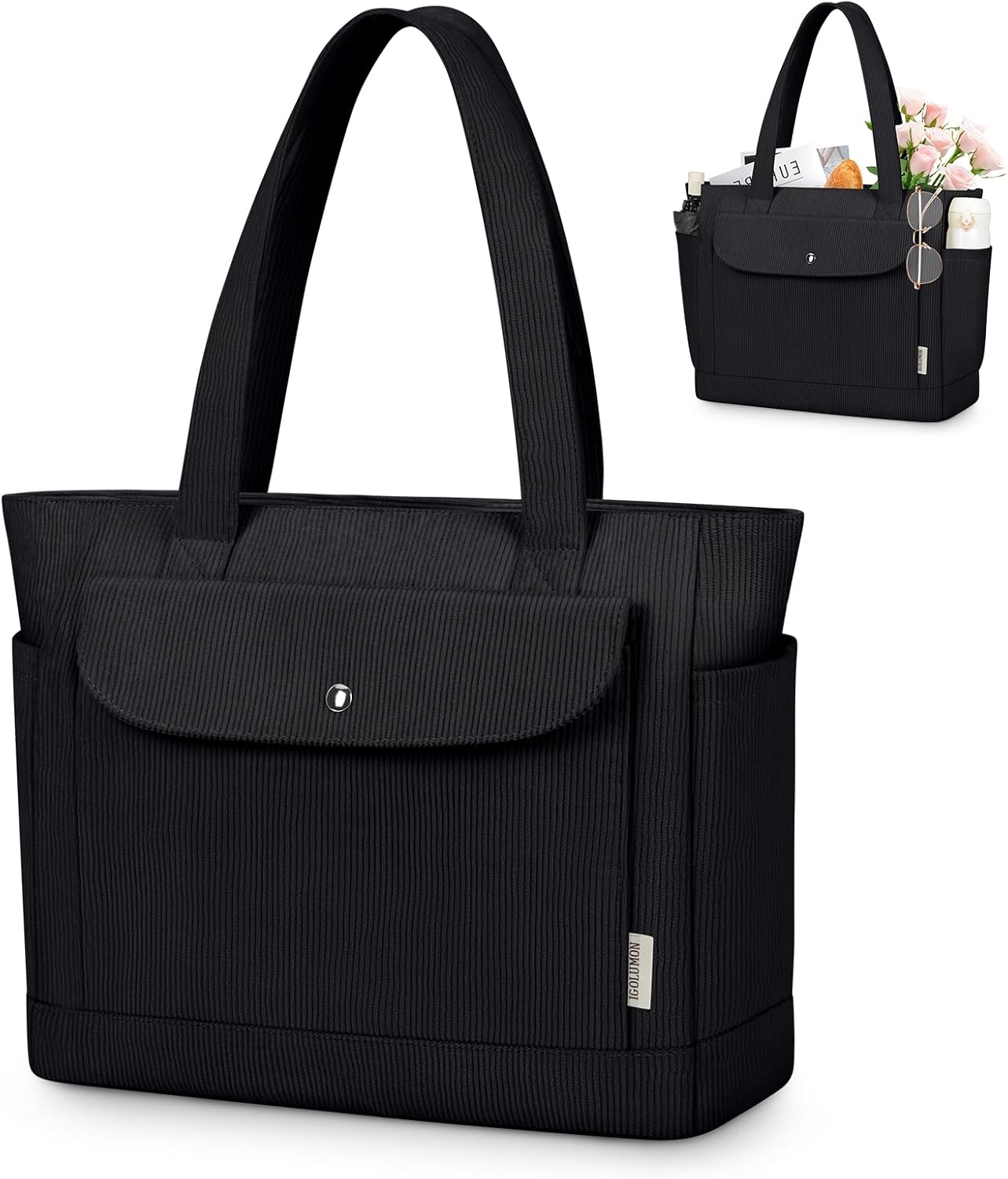 IGOLUMON Corduroy Tote Bag for Women with Magnetic Snap Front Pocket Large Capacity Shoulder Handbag with Zipper Work Travel Gym School College Shopping Daily Use