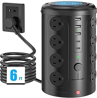 Power Strip Surge Protector Tower with 16 Outlets and 5 USB Ports (2 USB-C), 6ft Extension Cord with Multiple Outlets, 45° Flat Plug,21-in-1 Charging Station for Home Office Dorm Room Essentials Black